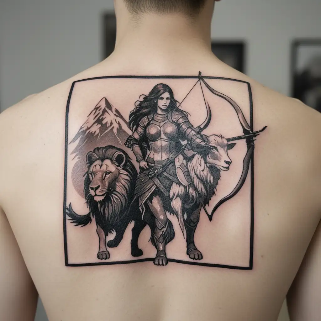 Strong female archer in full armor, with a lion and mountain goat, symbolizing strength, loyalty, and protection in bold tattoo design idea