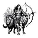 Strong female archer in full armor, with a lion and mountain goat, symbolizing strength, loyalty, and protection in bold tattoo design idea