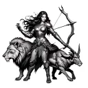 Strong female archer in full armor, with a lion and mountain goat, symbolizing strength, loyalty, and protection in bold tattoo design idea