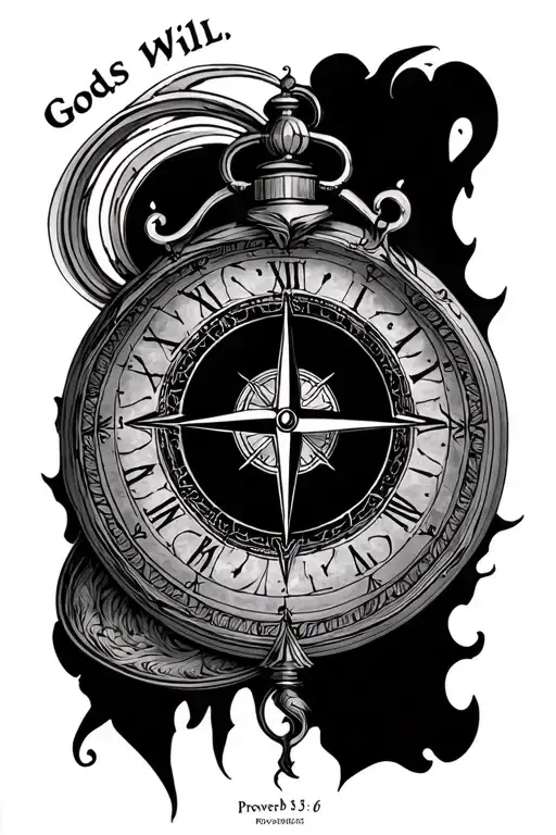 "Proverbs 3:5-6. GODS WILL" compass and clock tattoo design idea