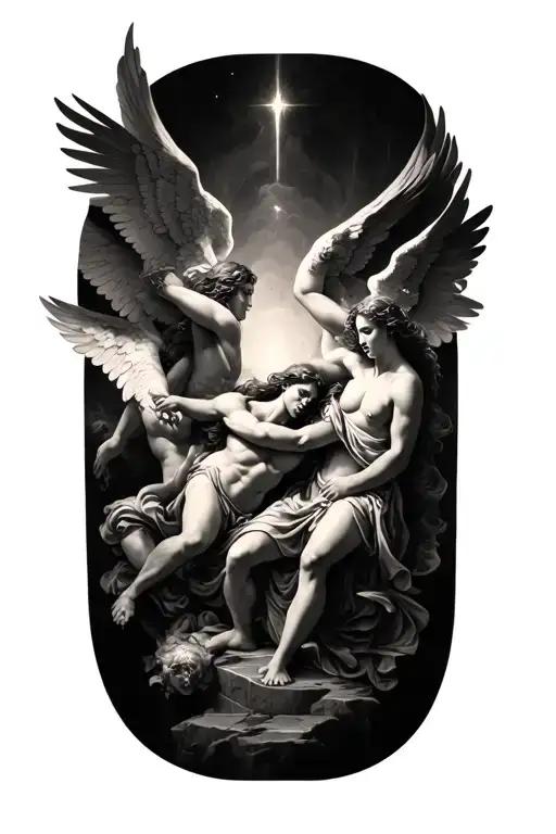 renaissance sleeve tattoo featuring angels fighting demons tattoo design idea