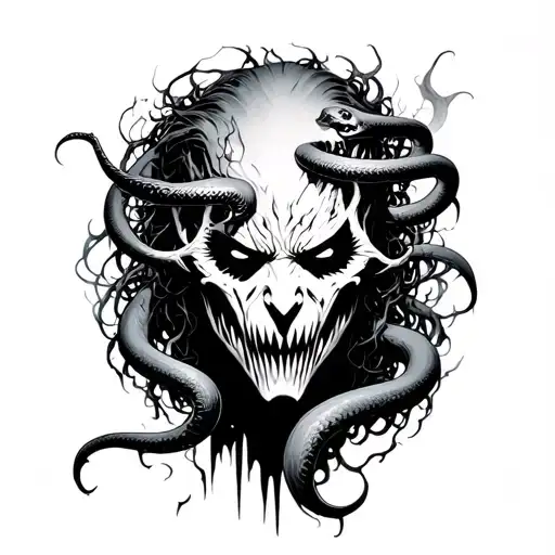     Knull’s face emerging from a void-like abyss, his tendril hair morphing into symbiote snakes that wrap around  tattoo design idea