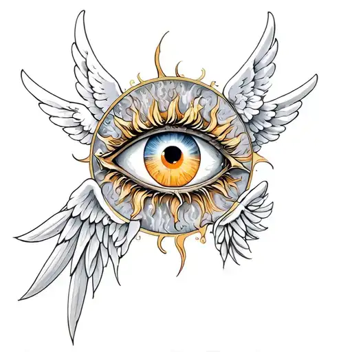 Evil Eye with the sun and angel wings tattoo design idea