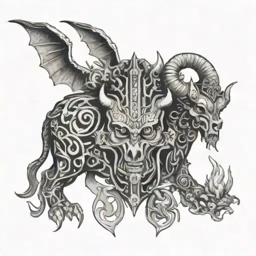An intricate design symbolizing the dual role of a family protector and a devil, incorporating elements of mining and drumming tattoo design idea