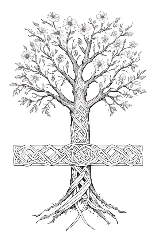 tree with Norse and Celtic knotwork incorporating September, December April and July flowers for forearm tattoo design idea