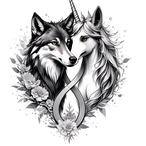 wolf and unicorn sister infinity symbol intertwined tattoo design idea