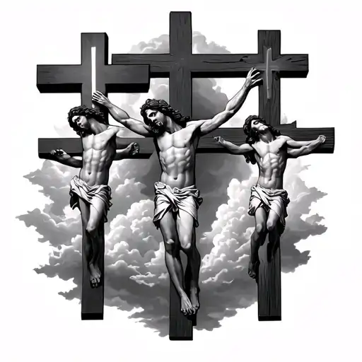 3 crosses, middle one and one other are empty with Jesus and another man going in the clouds tattoo design idea