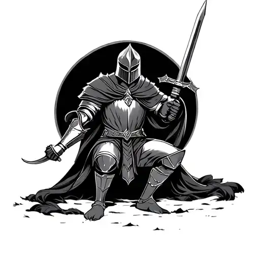 An image of a Knight An Earth Kneel holding his sword in front of Luidans a Dark style tattoo design idea