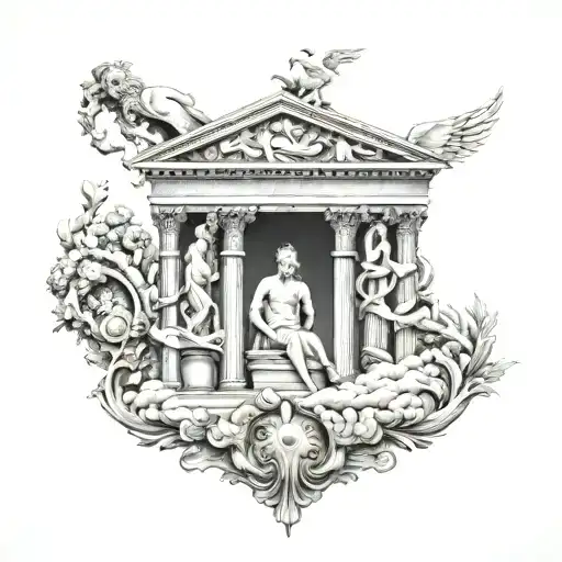 A combination of Roman architecture and Greek gods forming a unique design with titties subtly integrated throughout tattoo design idea