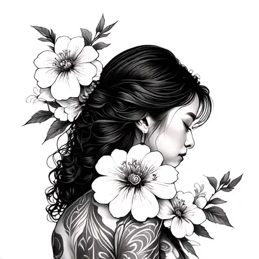 vietnamese woman facing away with flower tattoo design idea