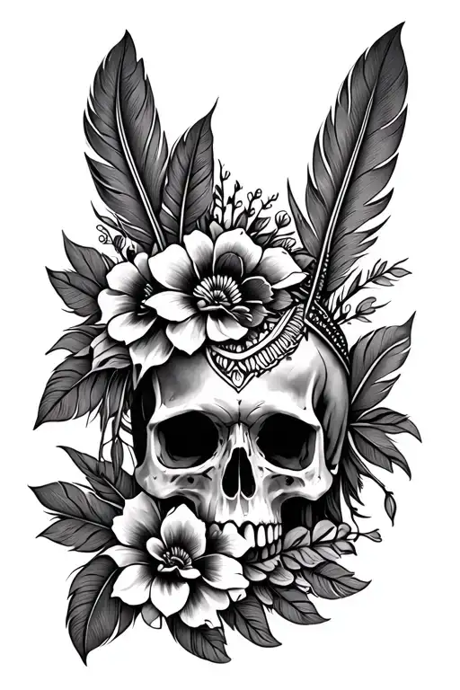 Indian feathers with skull and flowers tattoo design idea