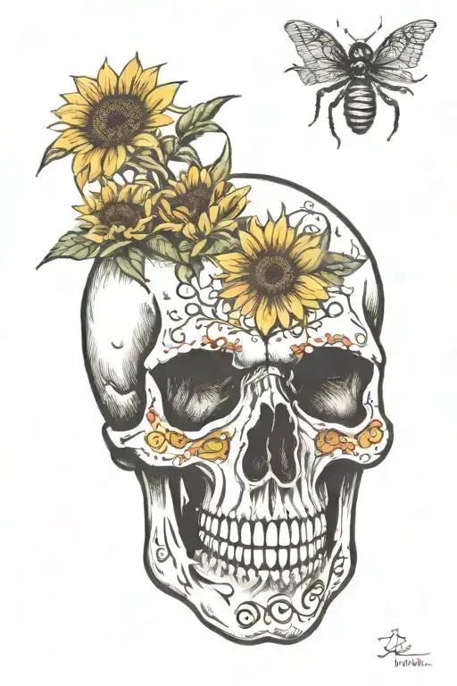 anatomically correct skull facing forward, sunflowers coming up behind skull, spider lillies bottom of skull tattoo design idea