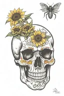 anatomically correct skull facing forward, sunflowers coming up behind skull, spider lillies bottom of skull tattoo design idea
