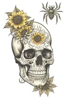 anatomically correct skull facing forward, sunflowers coming up behind skull, spider lillies bottom of skull tattoo design idea