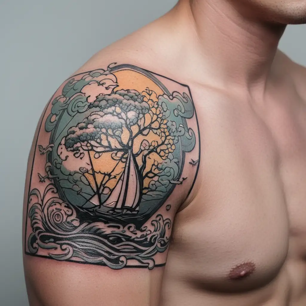tree of life with a sailboat  in the storm tattoo design idea