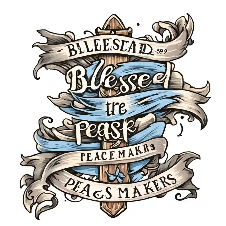Cross with ""Blessed are the peacemakers" written on a blue banner draped on the cross.  Mat 5:9 written underneath tattoo design idea