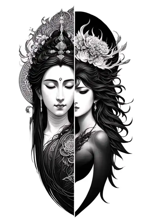 Kwan Yin and The Morrigan shown as two sides of the same person tattoo design idea
