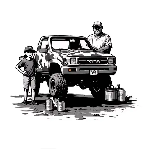 A small camo toyota truck with a grandfather and child standing next to it holding spray paint cans.  tattoo design idea
