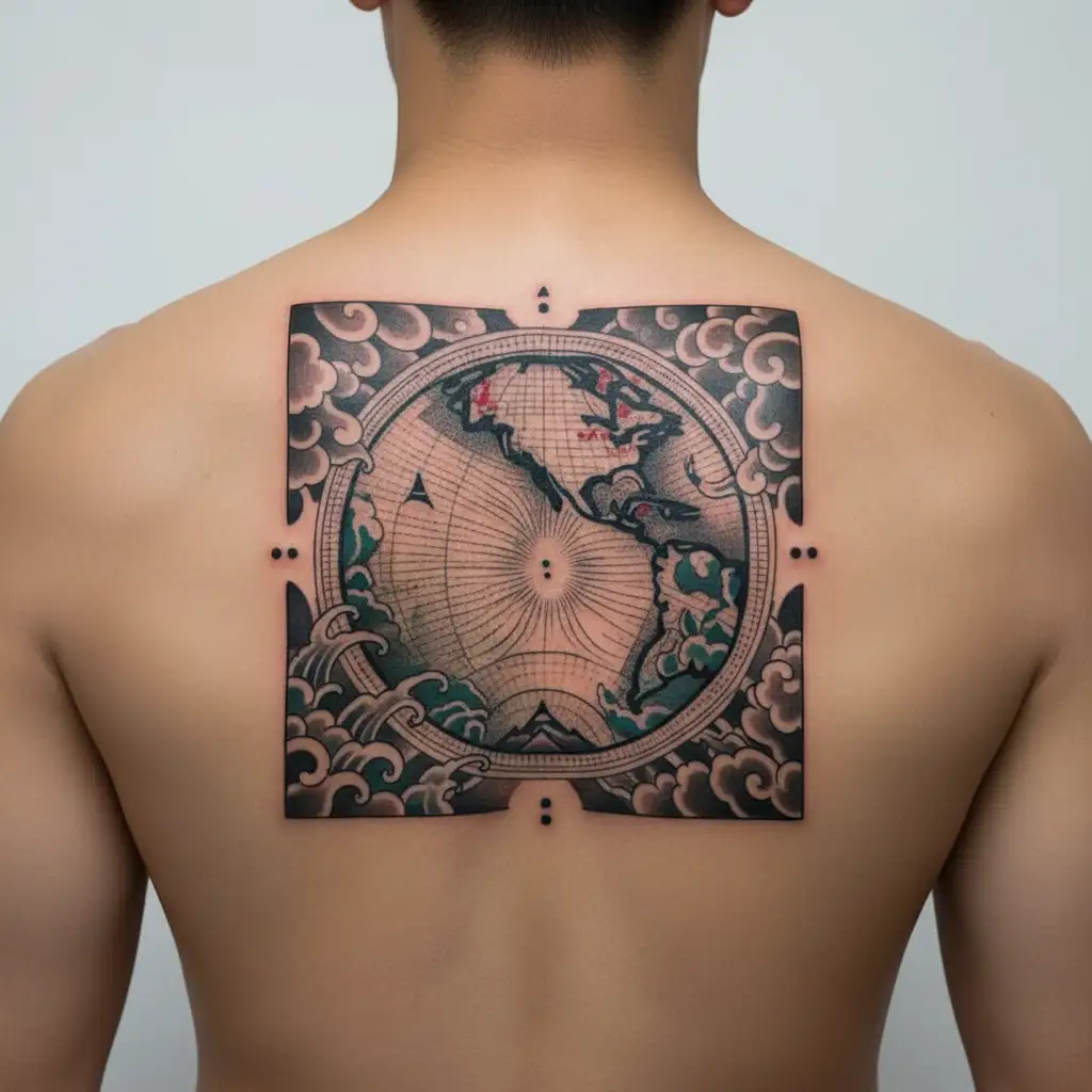 An airplane flying over a world map, showcasing the client's love for travel and exploration, in a dotwork style tattoo design idea