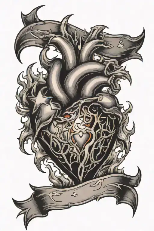 Heart on fire with 5 fiery stars shooting from it tattoo design idea