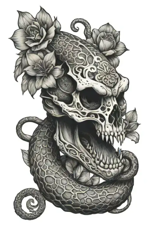 philippine cobra wrapped in carabao skull with sampaquita flowers tattoo design idea