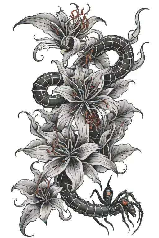 spider red lily and centipede crawling tattoo design idea