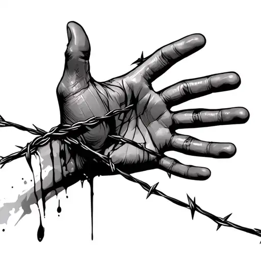 outstretched hand reaching with barbed wire wrapped around, cutting skin, hand bleeding.  tattoo design idea