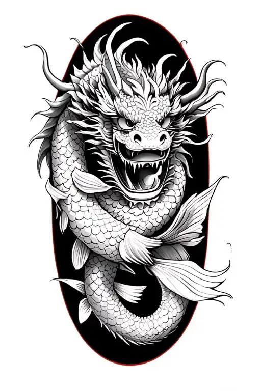 dragon with koi fish with daruma doll with hanya mask tattoo design idea
