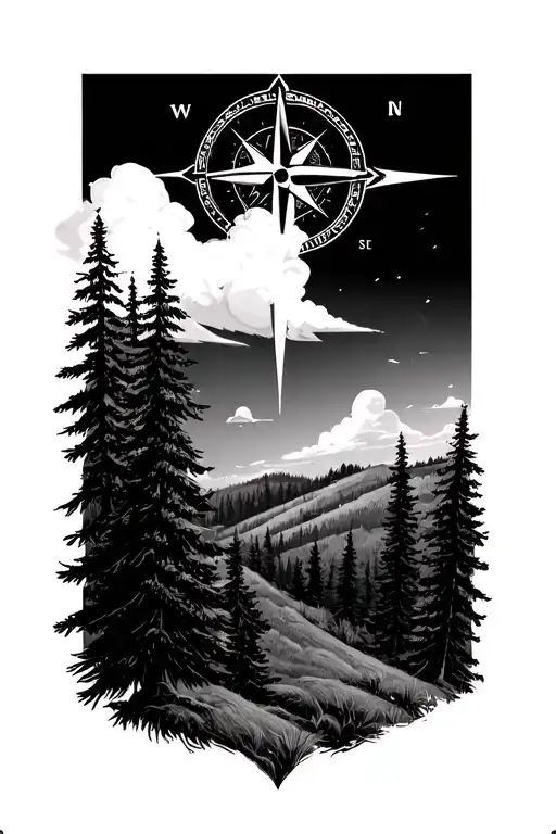 hills and pinetrees with a compass behind the trees and in the sky. make it relatively minamalistic without a sky tattoo design idea