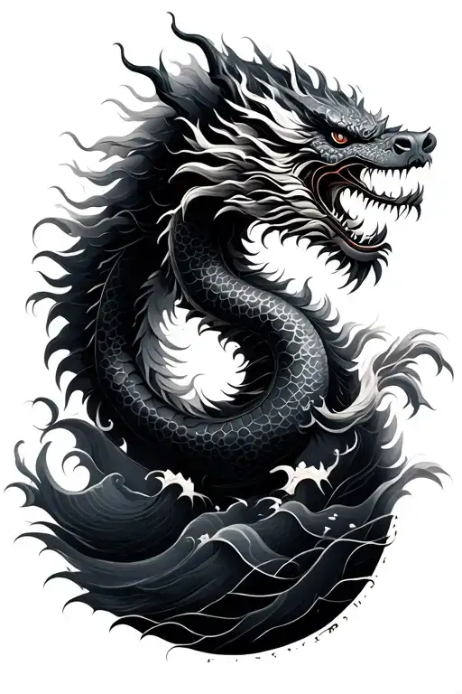 Chinese dragon and waves tattoo design idea