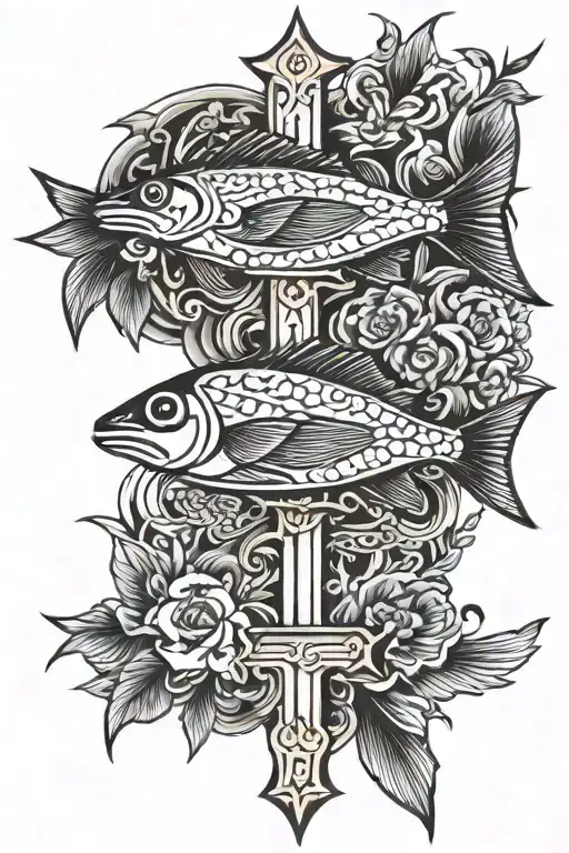 a cross with a fish and a cardinal bird tattoo design idea