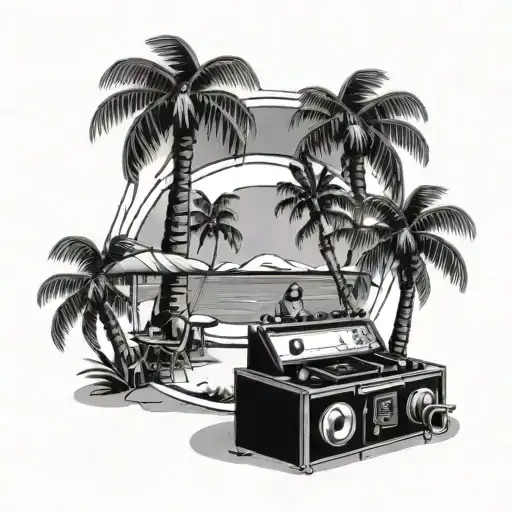 A bold black and grey tattoo of a beach party scene with palm trees, drinks, and a DJ booth on the sand tattoo design idea