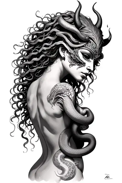 medusa goddess with oni mask, snakes hair left side of the back tattoo design idea