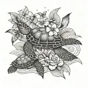 Hawaiian beach scene with flowers, a turtle, a fish swimming, butterflies flying tattoo design idea