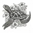 Hawaiian beach scene with flowers, a turtle, a fish swimming, butterflies flying tattoo design idea