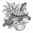 Hawaiian beach scene with flowers, a turtle, a fish swimming, butterflies flying tattoo design idea