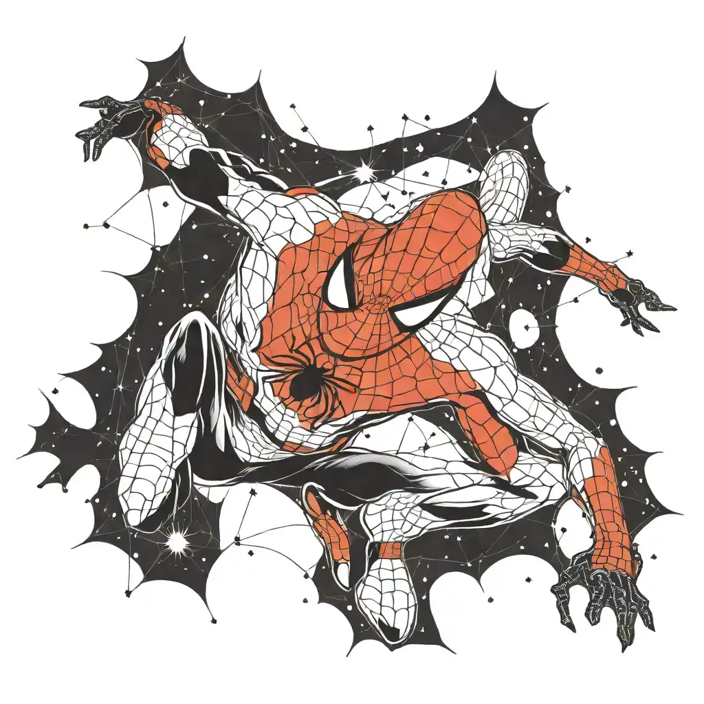 image of spiderman in black and white, with the constellation of the southern cross in the sky, highly detailed and realistic tattoo tattoo design idea