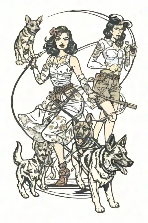 brunette pinup girl walking a German shepherd and a chocolate lab on leashes tattoo design idea