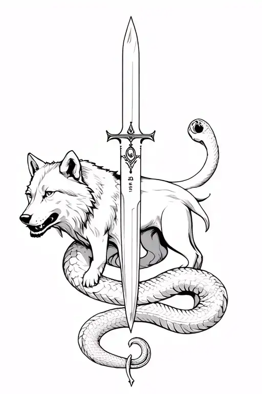 a three headed wolf surrounded by a snake, a big knife under as it tail tattoo design idea