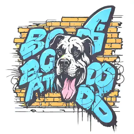 brick wall with graffiti writing "big dog tattoo studio" st bernard tattoo design idea