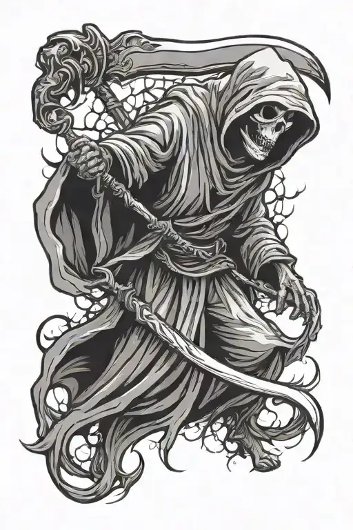 grim reaper with scythe and hand extended tattoo design idea