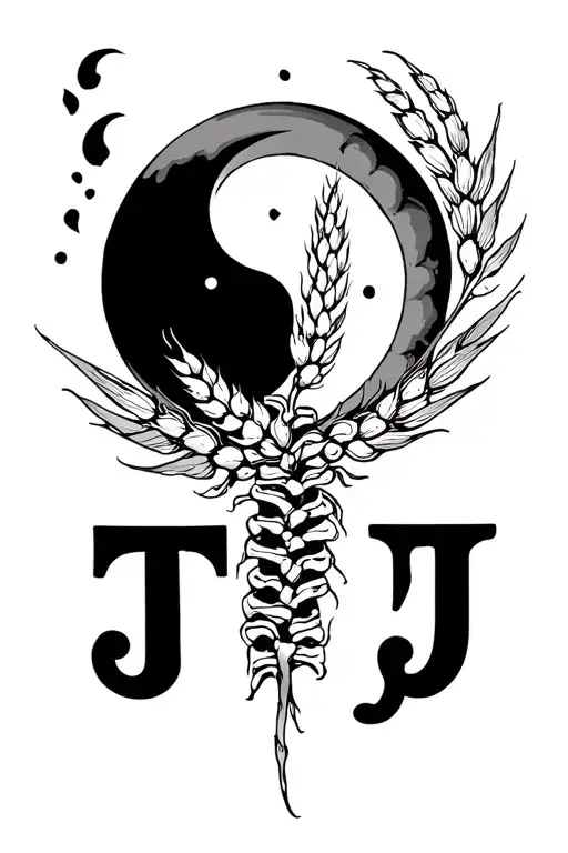 fine line spine tattoo with a moon, long swirls, a few wheat grains, letter T and J hidden tattoo design idea