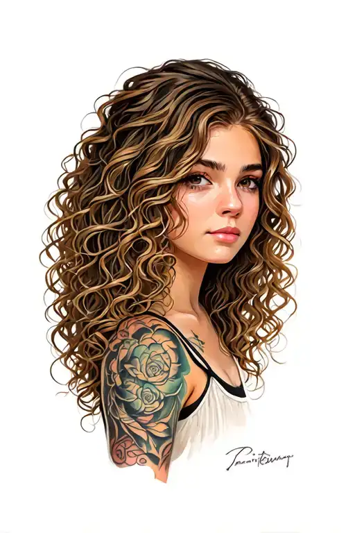 headshot of a girl with long curly brownish dirty blonde hair  tattoo design idea