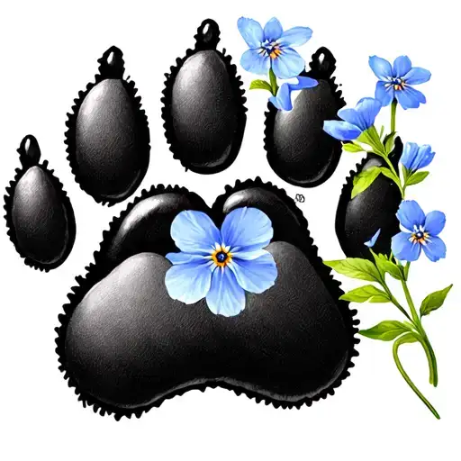 A dog paw print with a heart in the middle of the paw pad. Beside the paw print a blue forget me not flower  tattoo design idea