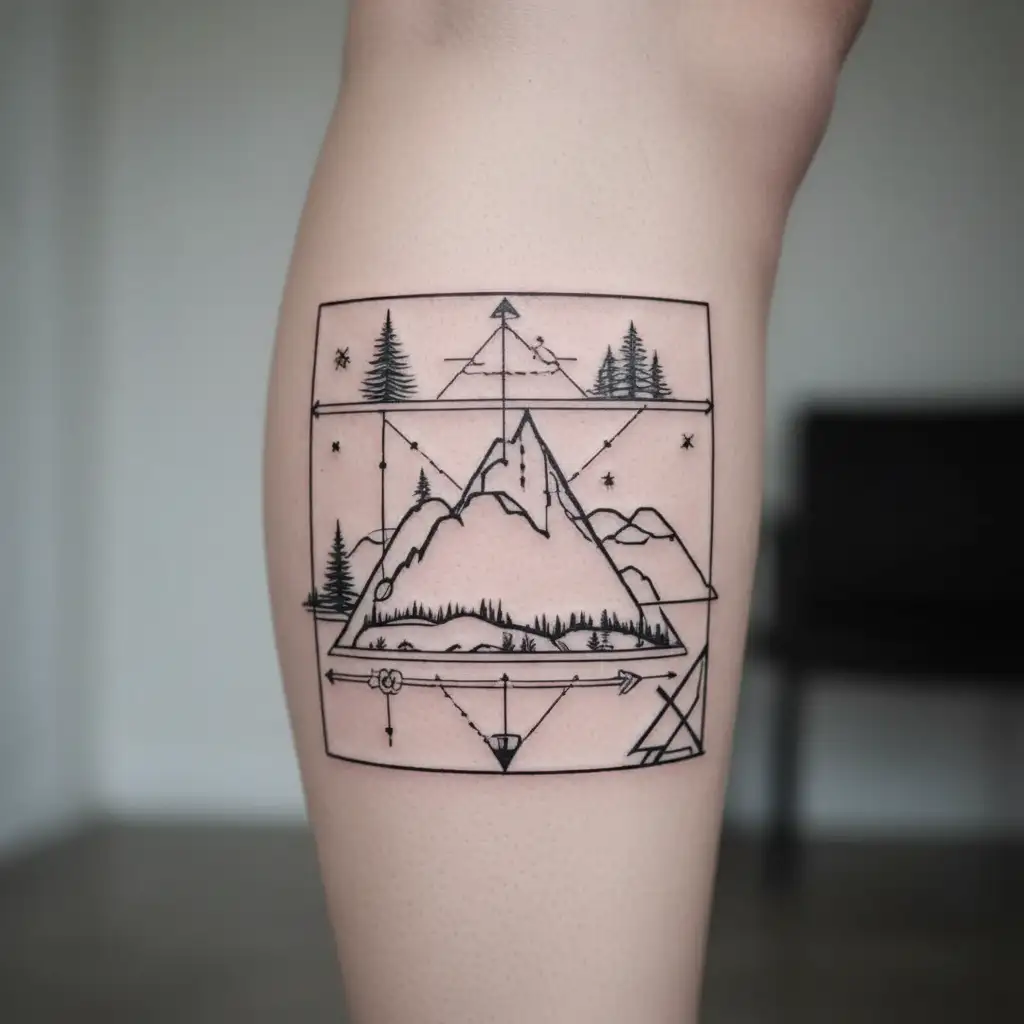 arrow, mountain, trees, compass, Morse code "fuck cancer" phrase tattoo design idea
