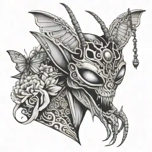 praying mantis with geisha head removing asian horned mask tattoo design idea