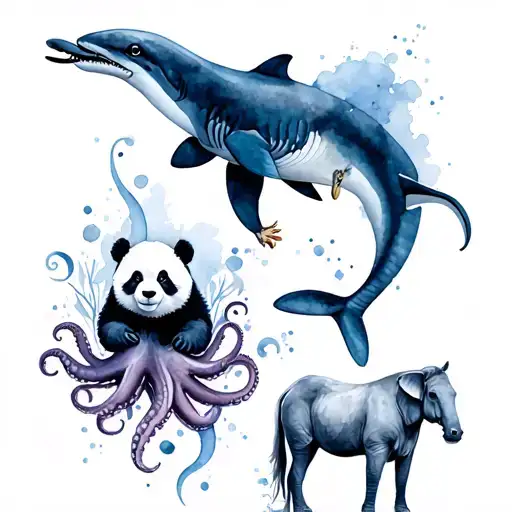 with panda, octopus, shark, wolf, eagle, dolphin, elephant, cow and horse tattoo design idea