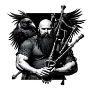 bald bagpiper with black beard with crow featherd muscular body with a mans head and hands playing blackbagpipes tattoo design idea