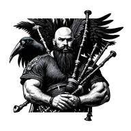 bald bagpiper with black beard with crow featherd muscular body with a mans head and hands playing blackbagpipes tattoo design idea