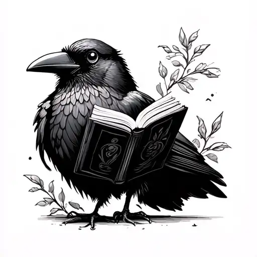 cute crow sitting reading a book open tattoo design idea